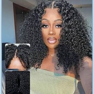 18” Lace V-Part Wig Human Hair Kinky Curly No Leave Out V Shape Full Head Clip